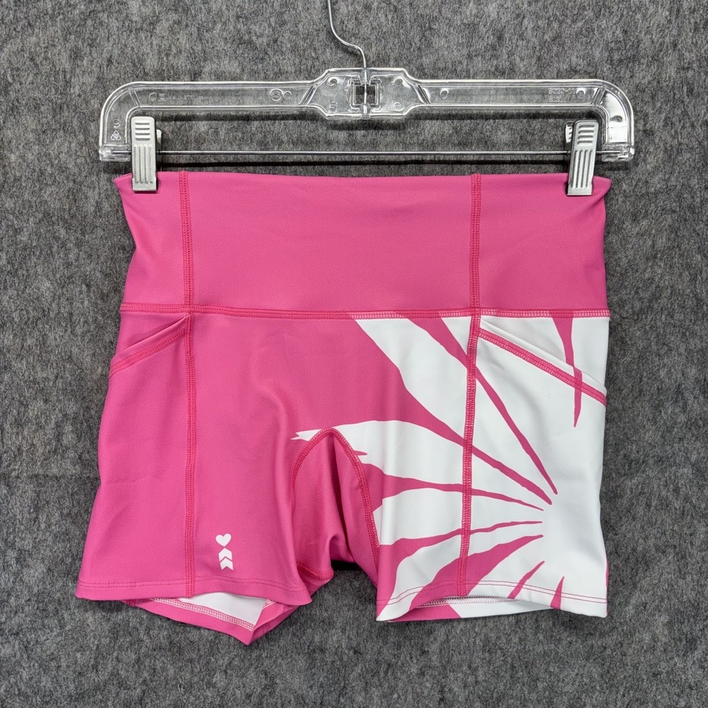 COEUR Fitted Running Shorts Women Small Pink Floral Zip Pocket Triathlon 5"